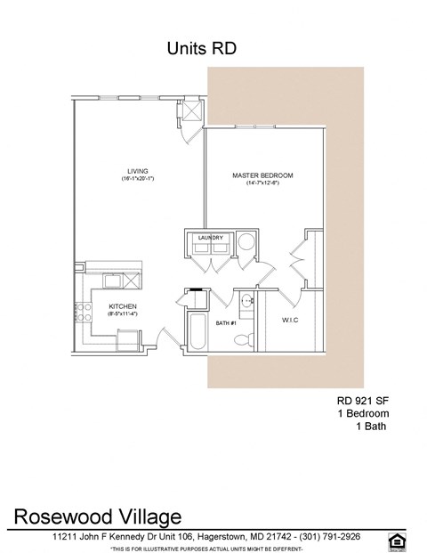 Floor plan for 1 bed, 1 bath, 921 sqft
